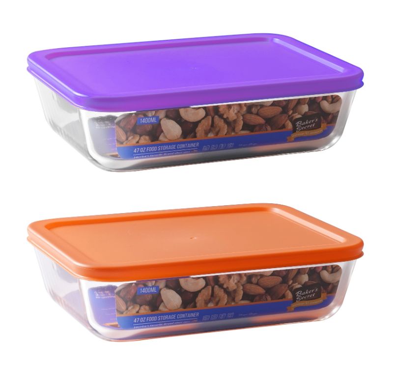 Stylish 1.4L glass food container in assorted colors, safe for microwave and dishwasher, perfect for meal prep and storage.