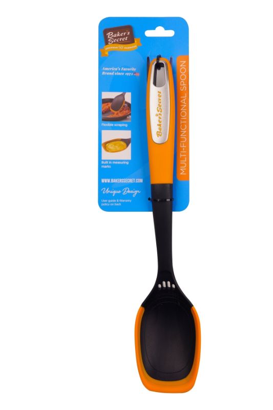 Versatile 34cm silicone spoon with built-in measuring marks, heat-resistant, non-stick, perfect for mixing and serving.