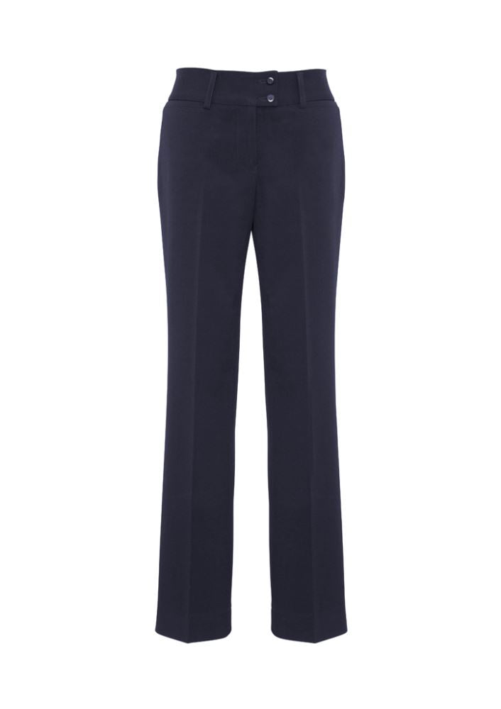 Ladies Stella Perfect Navy Pants in size 10, featuring a mid-rise fit, 4-way stretch, and classic straight leg design.