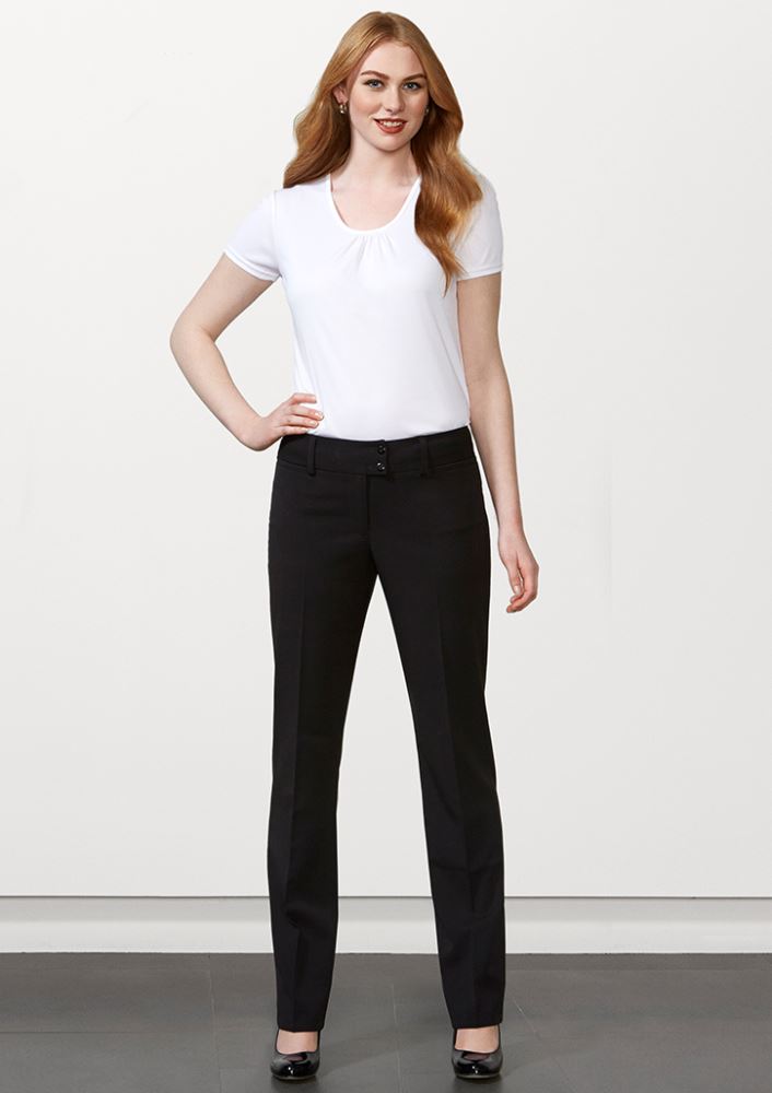 Ladies Stella Perfect Pant in black, size 20, featuring a mid-rise cut, 4-way stretch, and classic straight leg design.