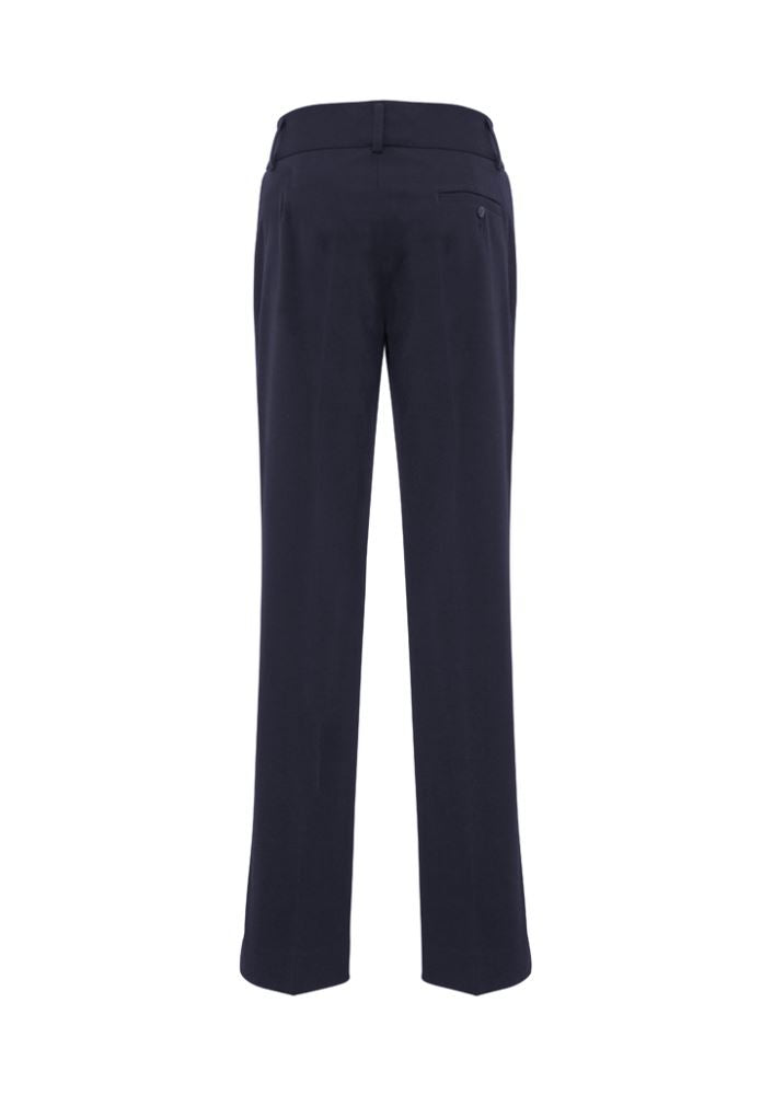Navy ladies' pants with mid-rise, wider waistband, 4-way stretch, and classic straight leg, ideal for slender builds and all-day wear.