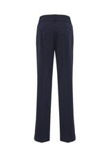 Navy ladies' pants with mid-rise, wider waistband, 4-way stretch, and classic straight leg, ideal for slender builds and all-day wear.
