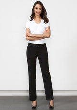 Ladies Kate Perfect Pant in black, size 16, featuring 4-way stretch fabric, mid-rise fit, and sleek straight leg design.