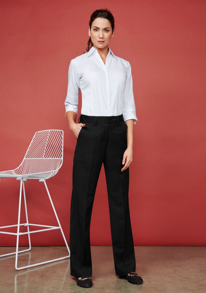 Ladies black Flexi-Band pant, size 4, featuring Teflon stain resistance and adjustable fit for comfort and style.