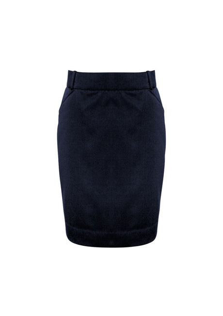 Ladies Navy Flexi-Band Skirt, Size 16, with kick pleat back, utility pockets, and Teflon® stain resistance for elegance and comfort.