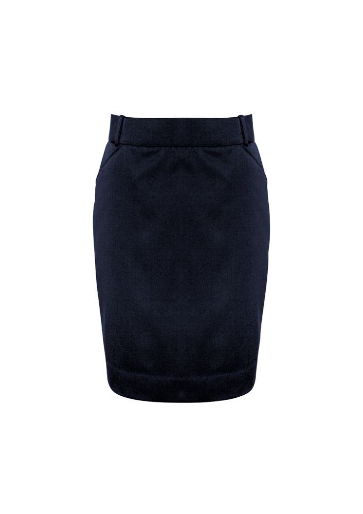 Ladies Navy Flexi-Band Skirt, Size 8, featuring Teflon stain resistance, kick pleat hem, and practical pockets for practicality and comfort.
