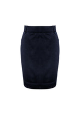 Ladies Navy Flexi-Band Skirt, Size 8, featuring Teflon stain resistance, kick pleat hem, and practical pockets for practicality and comfort.