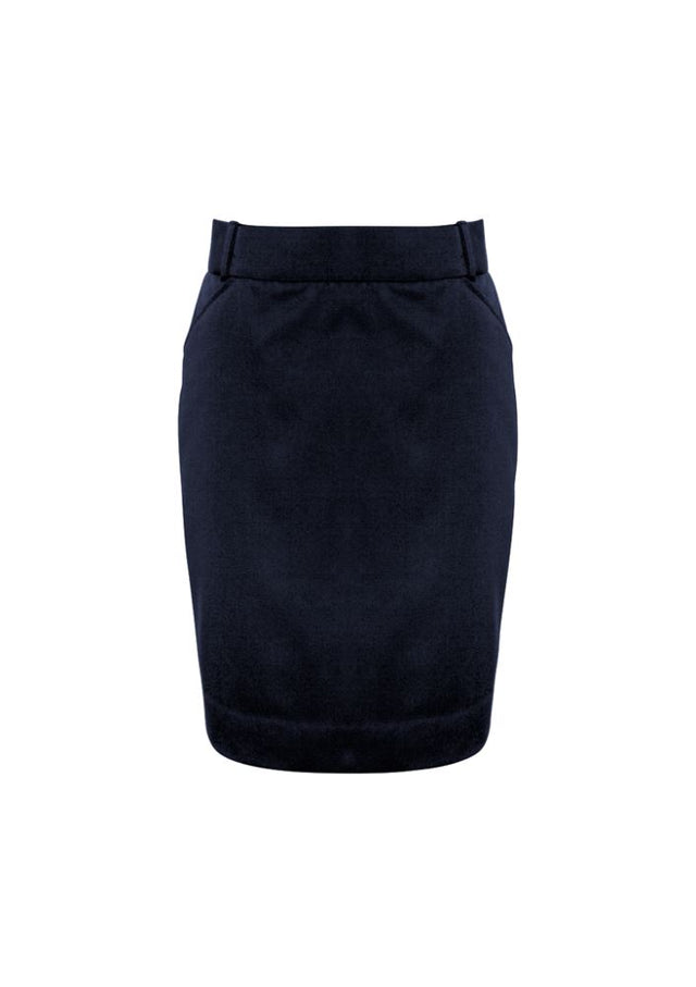 Ladies Navy Flexi-Band Skirt, Size 8, featuring Teflon stain resistance, kick pleat hem, and practical pockets for practicality and comfort.