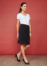 Navy Ladies Detroit Flexi-Band Skirt, Size 10, features stain-resistant fabric and a comfortable fit for professional and casual wear.