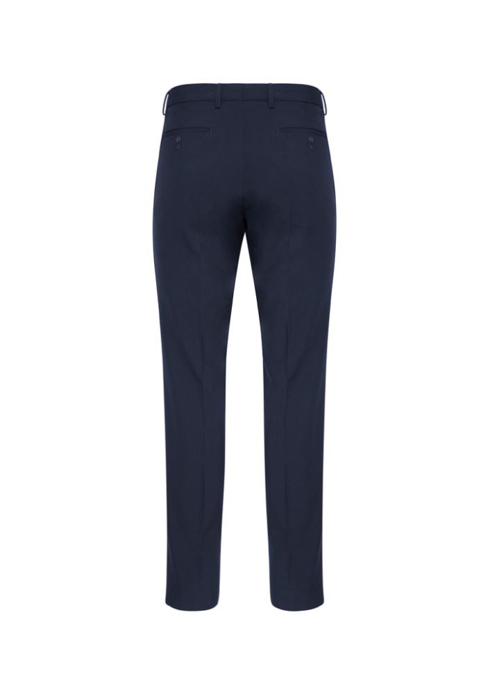 Navy slim-fit men's pants with flat front, side pockets, and mechanical stretch for comfort, perfect for business casual wear.
