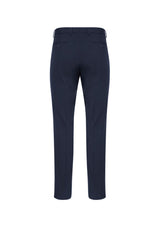 Navy slim-fit men's pants with flat front, side pockets, and mechanical stretch for comfort, perfect for business casual wear.