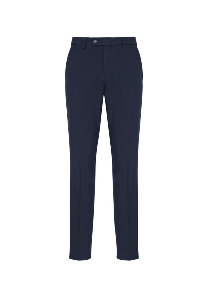 Navy slim-fit men's pants by Biz Collection with flat front, pockets, and mechanical stretch for comfort and style.