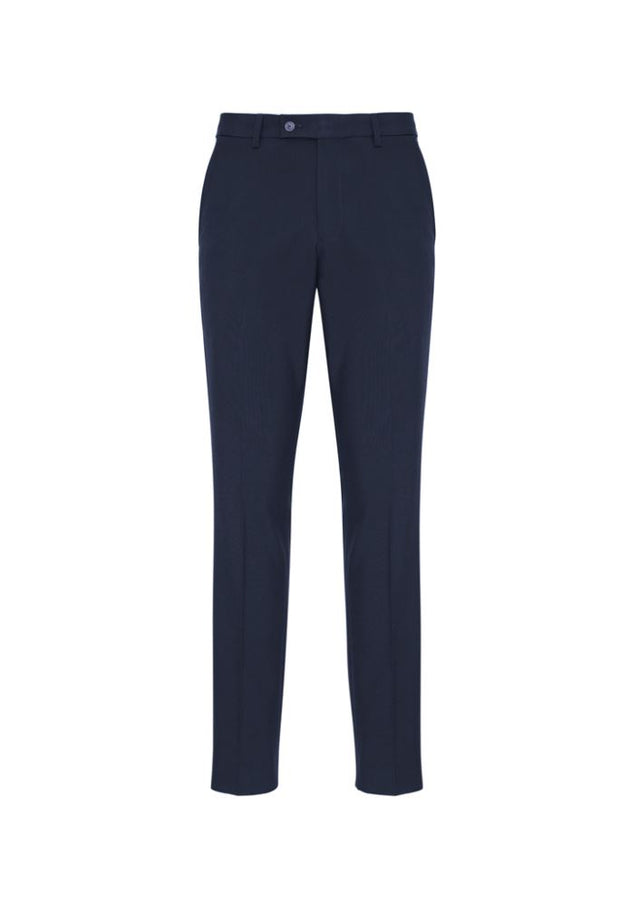 Navy slim-fit men's pants by Biz Collection with flat front, pockets, and mechanical stretch for comfort and style.