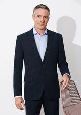 Men's Classic Navy Jacket in size 107, featuring 2 buttons, internal pockets, and comfortable stretch fabric by Biz Collection.