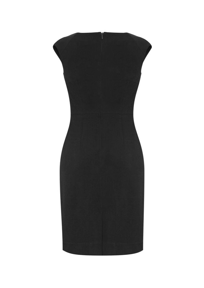 Elegant black Ladies Audrey Dress, size 6, featuring 4-way stretch fabric, lined interior, and flattering design details.