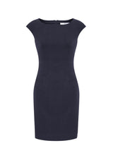 Navy Ladies Audrey Dress size 6, featuring 4-way stretch fabric, angled seams, and a reinforced back zip for versatile style.