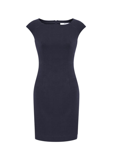 Navy Ladies Audrey Dress size 6, featuring 4-way stretch fabric, angled seams, and a reinforced back zip for versatile style.