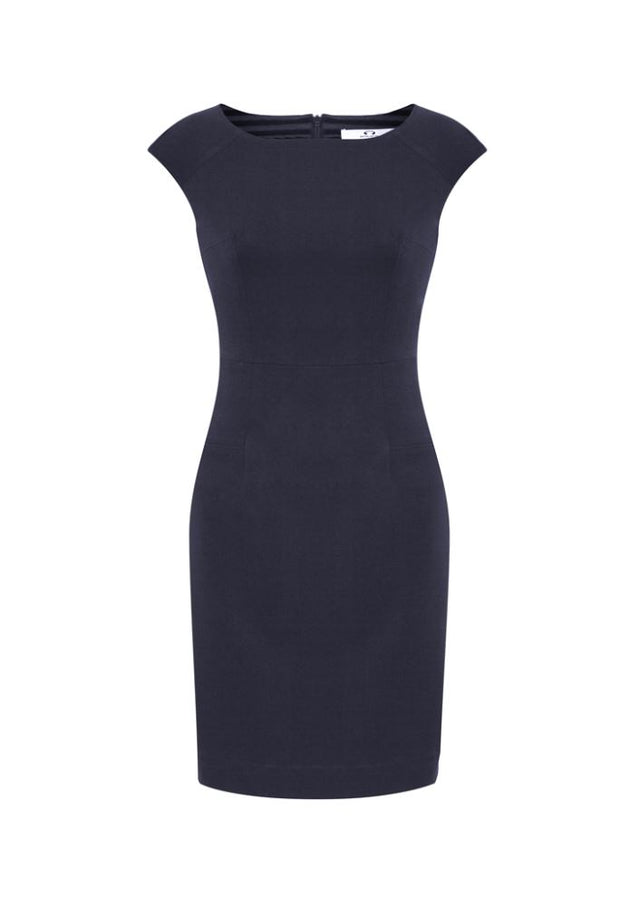 Navy Ladies Audrey Dress size 6, featuring 4-way stretch fabric, angled seams, and a reinforced back zip for versatile style.