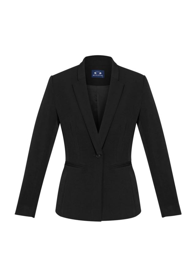 Stylish black Ladies Bianca Jacket in size 24, featuring a modern cut, stretch fabric, and tailored pockets for comfort and elegance.