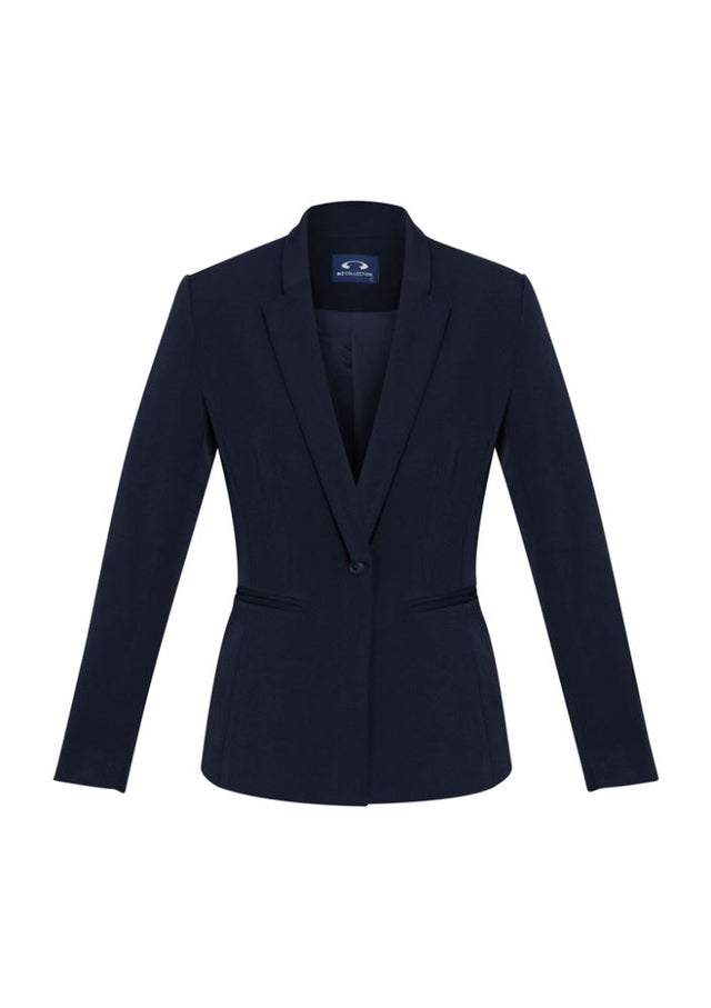 Navy Ladies Bianca Jacket Size 10, featuring a single button closure, notched lapel, and 4-way stretch fabric for comfort.