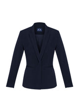 Navy Ladies Bianca Jacket in size 18, featuring 4-way stretch fabric, single button, tailored pockets, and chic notched lapel.