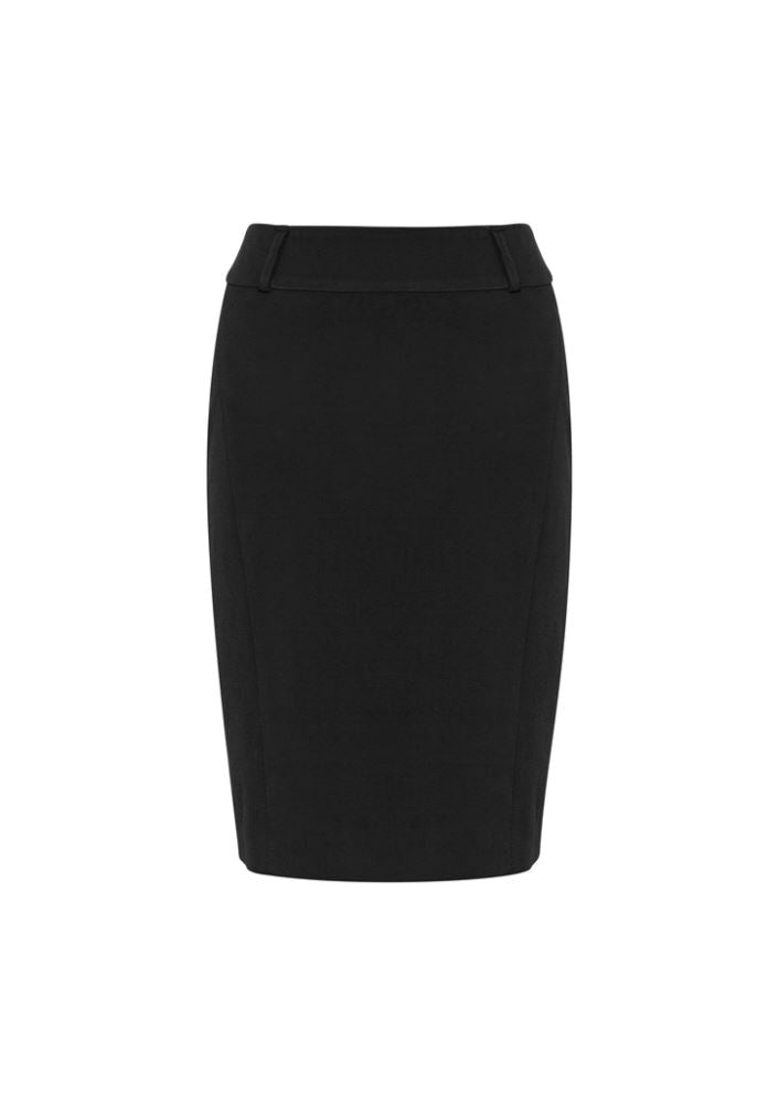 Elegant black Ladies Loren Skirt, size 10, featuring 4-way stretch fabric, knee-length design, and versatile styling options.