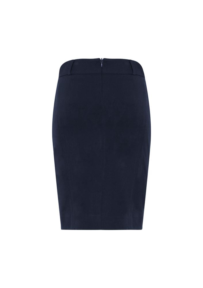 Elegant navy knee-length Loren skirt from Biz Collection, size 6, offering comfort with a 4-way stretch and professional style.