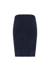 Elegant navy knee-length Loren skirt from Biz Collection, size 6, offering comfort with a 4-way stretch and professional style.