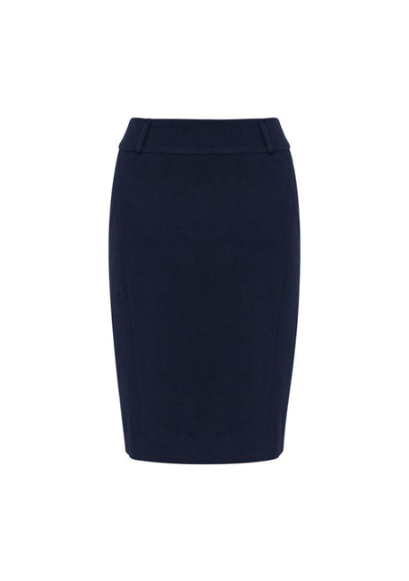 Navy Ladies Loren Skirt Size 8 from Biz Collection, featuring 4-way stretch, knee-length cut, and practical design for professionals.