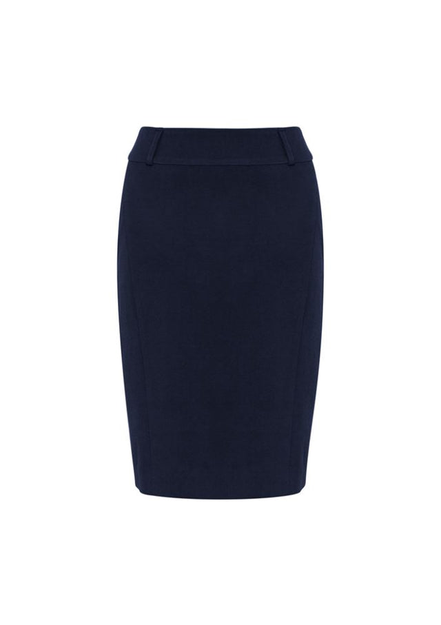 Ladies Loren Skirt in Navy, Size 6, featuring modern knee-length design, 4-way stretch fabric, and professional elegance.