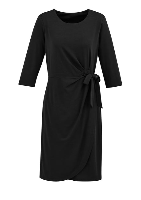 Elegant black Ladies Paris Dress in size M, featuring a faux wrap front and side tie, perfect for versatile day-to-night wear.