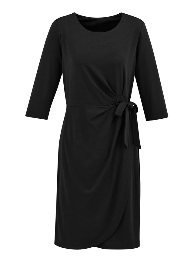 A stylish black Ladies Paris Dress in size S with a faux wrap front and side tie, perfect for various occasions.