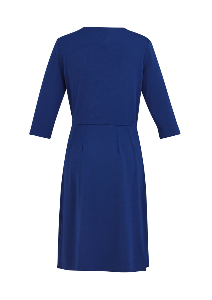 Elegant French Blue Ladies Paris Dress in Size XS, featuring a flattering faux wrap front and chic side tie design.