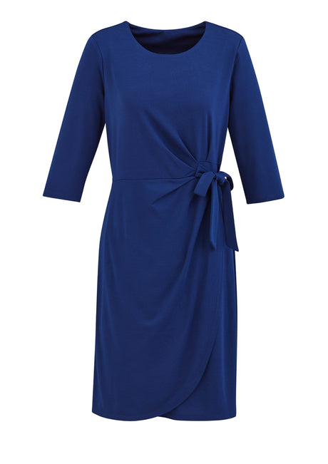 Ladies Paris Dress in French Blue, Size M, featuring a flattering faux wrap front and side tie for elegant comfort.