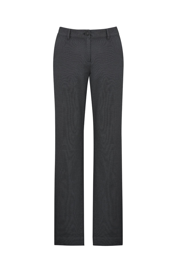 Ladies Barlow Pant in grey, size 12; mid-rise fit, jacquard weave, tapered leg, and practical side pockets.