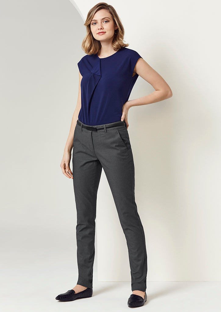 Navy Ladies Barlow Pant, Size 10, with a mid-rise fit, tapered legs, and comfortable jacquard weave fabric from Biz Collection.