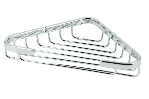 Small chrome-plated corner basket (155mm x 155mm) for organizing toiletries and kitchen items in style.