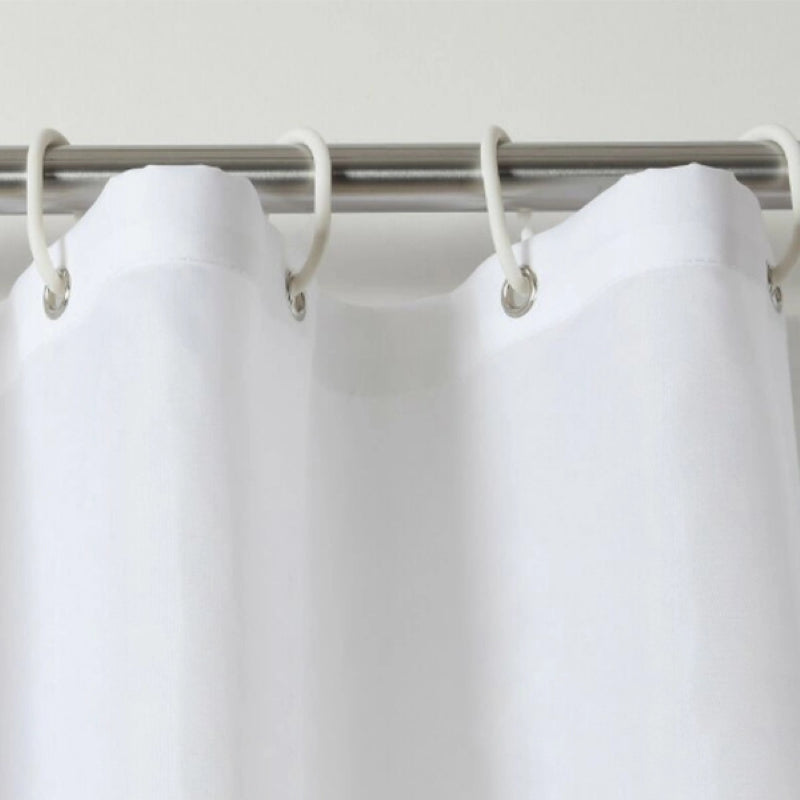 Plain white shower curtain measuring 180W x 200cmH, crafted from durable polyester with weighted hem for water protection.