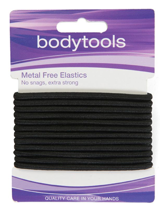 Thick black metal-free hair elastics on a card of 12, designed for comfort and strong hold without damage.