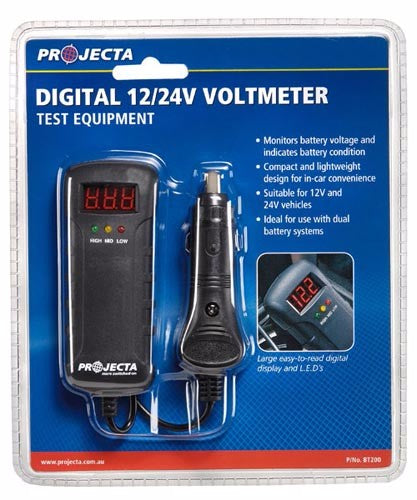 Digital 12/24V voltmeter by Projecta, compact design for easy battery voltage monitoring in cars, trucks, and boats.