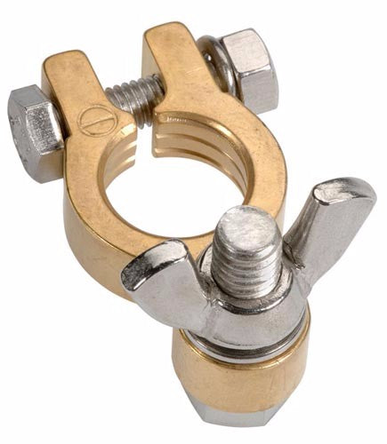 Brass wing nut with stainless steel hardware, 5/16" thread, ideal for durable automotive electrical connections.