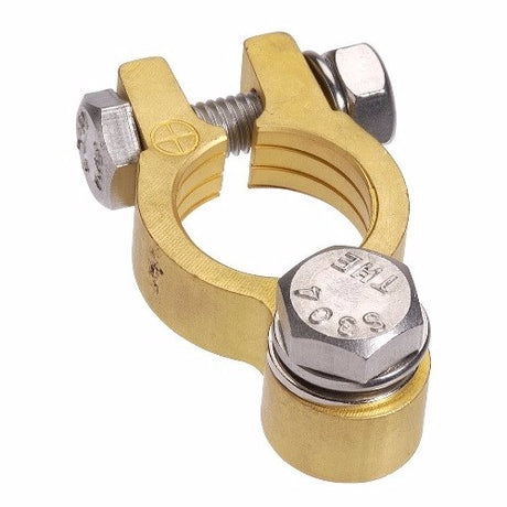 Premium brass bolt terminal with stainless steel hardware, featuring a positive post and 5/16" (8mm) thread size.