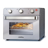 Stainless steel multi-function oven and air fryer with 22L capacity, 2400 watts, and adjustable timer for versatile cooking.