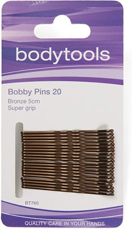 Bronze 5cm bobby pins on a card of 20, perfect for secure styling and elegant looks in all hair types.