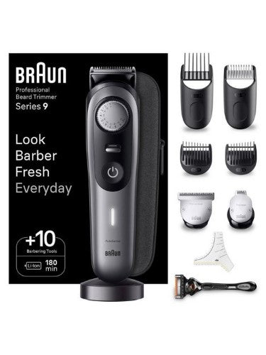 Braun Pro 9 BT9420 Beard Trimmer with 10 tools, featuring ProBlade tech, 40 length settings, and 180-min cordless runtime.