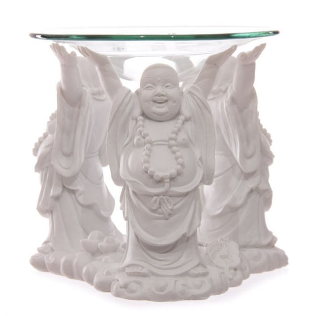 White Laughing Buddha oil and wax burner with glass dish, promoting relaxation and positivity in home decor.