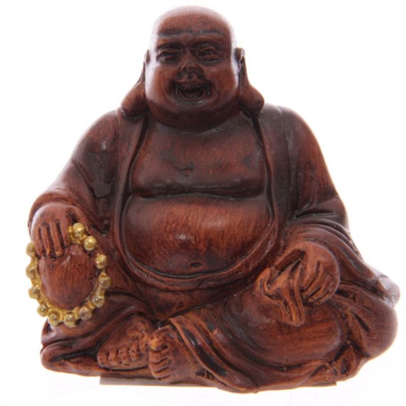 Set of 24 assorted mini Buddha figures in wood effect, crafted from resin to enhance decor with tranquility and positivity.
