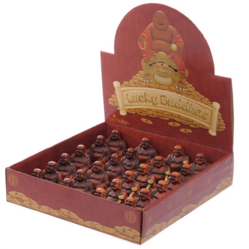 Set of 24 mini wood effect Buddha figures, 4.5cm, crafted from resin for tranquility and prosperity in decor.