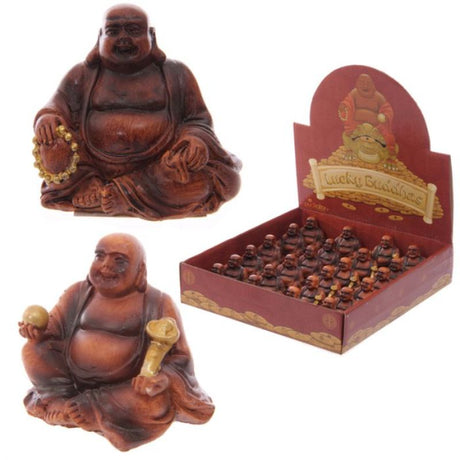 Set of 24 assorted mini Buddha figures in wood effect, embodying tranquility and perfect for decor or as thoughtful gifts.