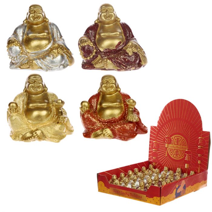 Colorful mini glitter Buddha figurines, each 4cm, enhance decor and invite good fortune in a set of 24.